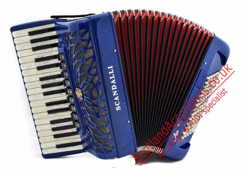Scandalli Air 34 key 84 bass 4 voice Scottish tuned blue with sparkle finish piano accordion