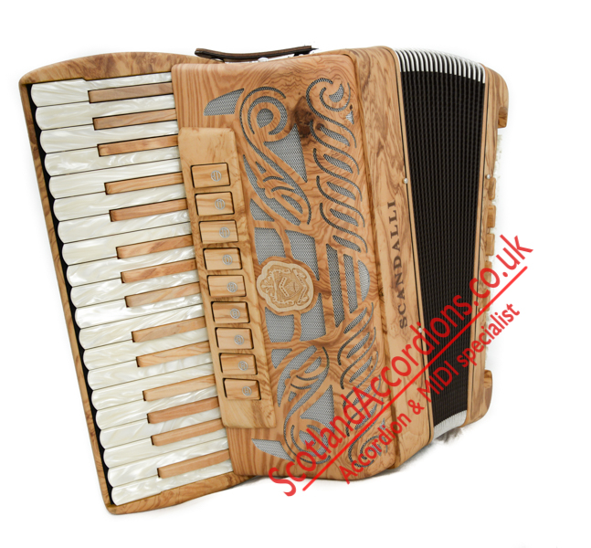 Scandalli Tierra 34 key 96 bass 4 voice musette tuned olive wood accordion, tipo a mano reeds
